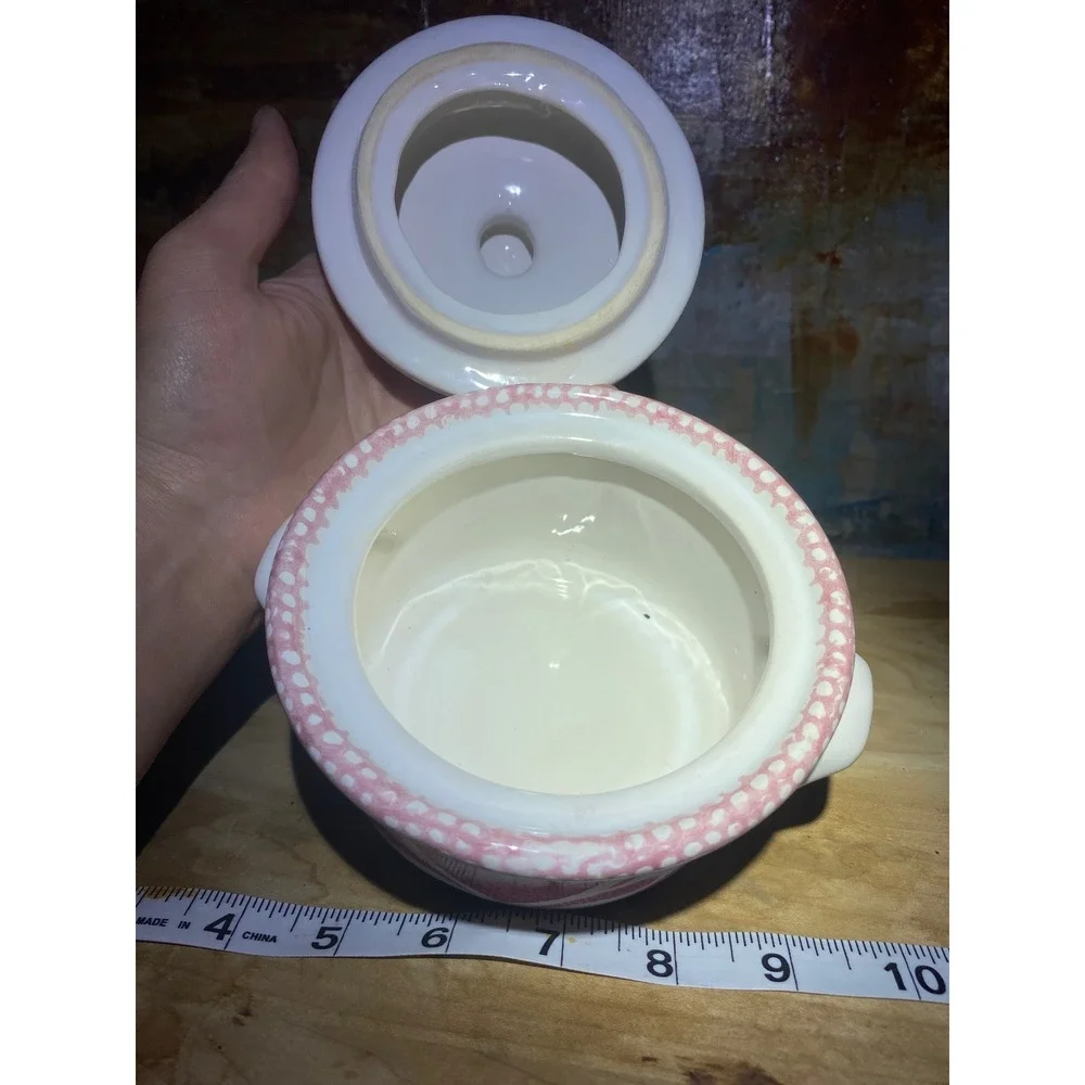Vintage Pink Heart Ceramic Mini Cocotte Lidded Sugar Bowl White Spongeware 5.5in